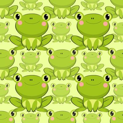 Seamless pattern of a frog in kawaii chibi style. Cute and colorful cartoon mascot on a green background. Perfect for children's artwork, stickers, nursery decor, prints and educational materials.
