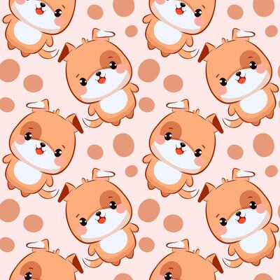 Seamless doggie pattern with spots in kawaii chibi style. Cute and colorful cartoon mascot on a beige background and brown circles. Perfect for kids artwork, stickers, nursery decor, prints and