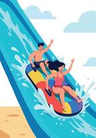 Couple enjoying colorful water slide ride with splashing waves at water park fun activity vector