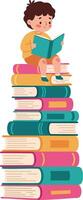 Child sitting on stack of colorful books reading a storybook illustration vector