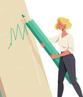 Woman Drawing Chart with Large Green Pencil on Paper Illustration vector