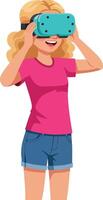 Woman Wearing Virtual Reality Headset Enjoying Immersive Experience in Casual Summer Outfit vector