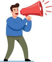 Man with Megaphone Announcing Message in Blue Sweater and Olive Pants Illustration vector