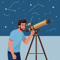 Man observing night sky stars using telescope astronomy hobby illustration vector