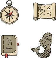 Compass map book and mermaid collection for navigation and fantasy themes vector