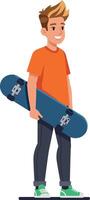 Boy holding skateboard standing casual urban style illustration vector