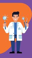 Dentist with dental tools smiling in white coat illustration portrait orientation vector