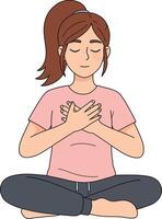 Woman practicing meditation in lotus pose with peaceful expression illustration vector