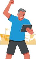 Man celebrating with tablet digital device excited gesture in stadium environment vector