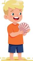 Young boy holding seashells on beach summer fun illustration vector