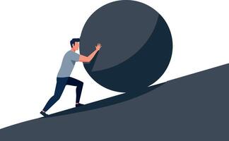 Man pushing large black boulder uphill symbolizing effort and perseverance illustration vector