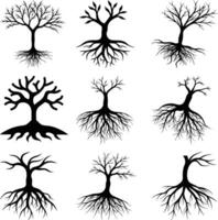 Isolated black tree silhouettes show various root systems and distinct branch structures across a white background vector