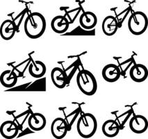 Diverse silhouettes of bicycles show several types, including mountain and off road styles vector