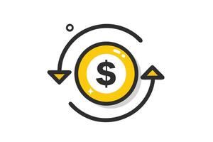 Yellow dollar coin cycles within black arrows, symbolizing recurring income and consistent exchange vector