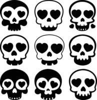 Nine skull icons display heartshaped eyes, showcasing varied color inversions in black and white vector