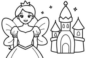 Smiling fairy princess with crown near cute castle for coloring book outline vector
