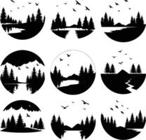 Diverse black forestscapes with birds fly over reflective lakes in a collection of nine circular compositions vector