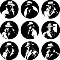 Nine stylized noir detective faces wearing fedoras displayed inside of circular shapes appear ominous and mysterious vector
