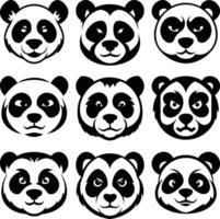 Nine unique panda bear faces showcase varied cartoon expressions in stark black and white vector
