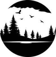 Silhouette of trees and birds flying over the water with mountain background completes a circle vector