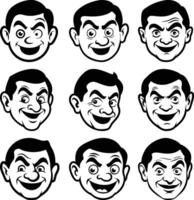 Nine cartoon faces show varied, expressive emotions with bold lines in a simple style vector