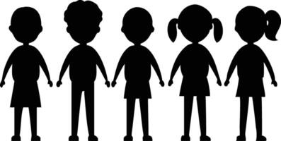 Silhouetted children holding hands stand together showing friendship and unity in a monochrome color palette vector
