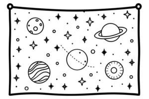 Black and white stylized wall hanging with planets, stars, and other celestial objects vector