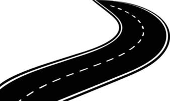 The black asphalt road with white dashed lines makes a sharp turn on white vector