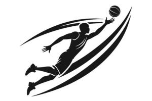 Silhouette of an athlete jumps to intercept a basketball, styled with curved motion lines vector