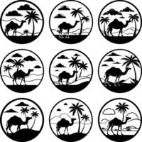 Nine black silhouettes of camels with palm trees appear inside circular frames vector