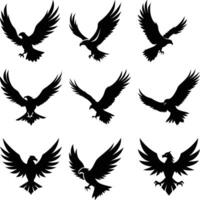 Silhouetted eagle soars majestically in various poses against a bright white backdrop capturing freedom vector