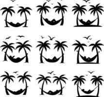 Black silhouettes show a person resting in a hammock between palm trees under flying birds vector