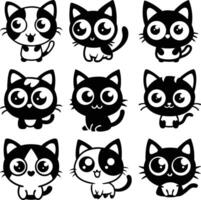 Nine cartoon cats with exaggerated eyes and playful postures showcase delightful feline expression vector