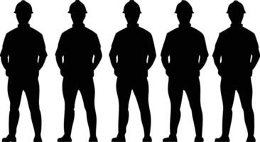 Five black silhouette figures wearing hard hats stand in a row on a white background vector