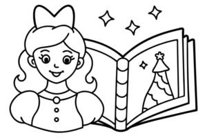 Smiling girl with bow looks at Christmas tree in open storybook vector