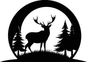Silhouette of a majestic deer standing gracefully amidst pine trees under a circular frame vector