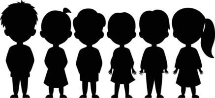 Silhouette of six diverse children stand together side by side, creating a united and inclusive group vector