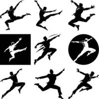 Black silhouette collection showcases dynamic figures jumping and dancing in various poses on a white background vector