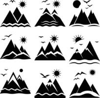 Nine mountain views feature birds and sun in a monochrome abstract nature scene vector