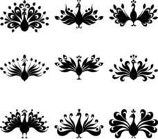 Different peacock designs in black color give a unique animal art impression on a white background vector