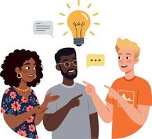 Diverse Group Discussing Ideas with Light Bulb Concept for Teamwork and Creativity vector