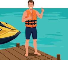 Man with life jacket standing on dock near yellow jet ski on turquoise water illustration vector