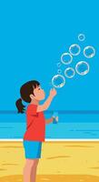 Child blowing soap bubbles on beach with blue sky and ocean background illustration vector