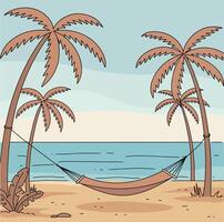 Tropical beach hammock between palm trees with ocean view summer relaxation scene vector