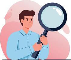 Man Holding Large Magnifying Glass Searching with Serious Expression Illustration vector