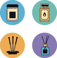 Aromatherapy essential oils diffuser incense sticks and matchbox icons with colorful backgrounds vector