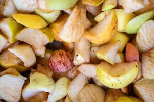 Closeup of freshly chopped apples. Filling for the pie, prepared for baking. Rustic texture, culinary background. Top view 02 photo