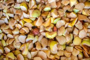 Closeup of freshly chopped apples. Filling for the pie, prepared for baking. Rustic texture, culinary background. Top view 01 photo