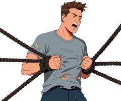 Man Struggling to Break Free from Multiple Ropes Illustration Showing Tension and Strength vector