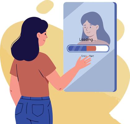 Young woman interacting with digital interface loading bar modern technology illustration